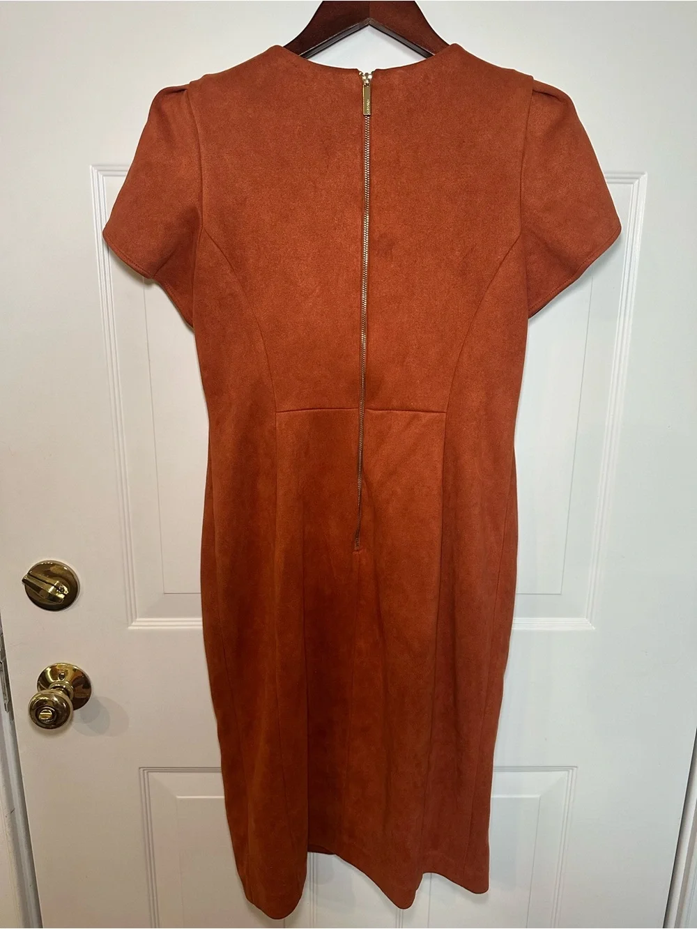 Calvin Klein Rust Faux Suede Puff Sleeve Sheath Dress Size 8 Cozy Fall
